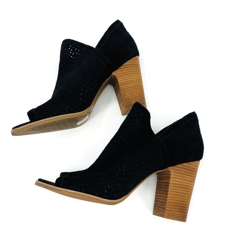 Lucky Brand Livey Black Peep Toe Suede Bootie 3.5” Stacked Block Heel Size 11M - Picture 2 of 15